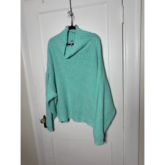 Free People Teal Blue Chunky Oversized Baggy Slouchy Turtleneck Sweater Medium - Picture 2 of 8
